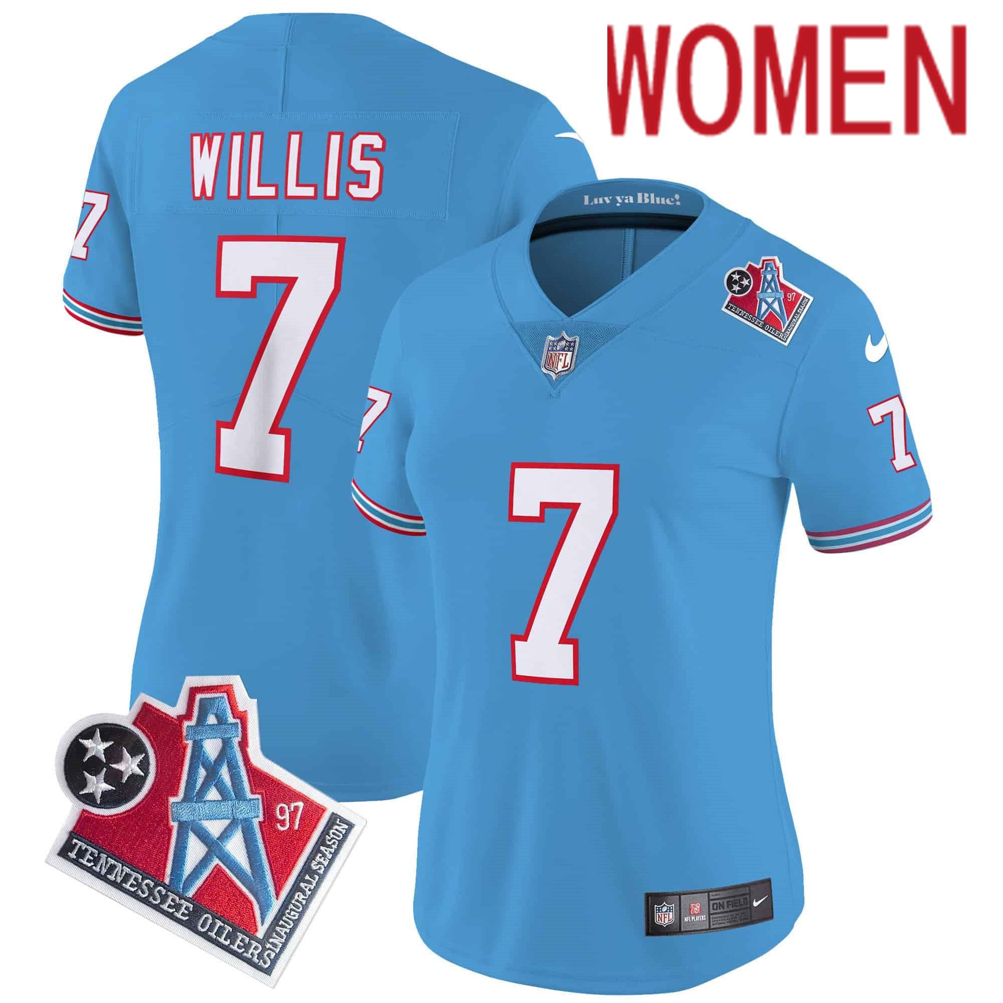 Women Tennessee Titans #7 Willis Light Blue 1997 Throwback 2024 Nike Limited Vapor NFL Jersey->customized nfl jersey->Custom Jersey